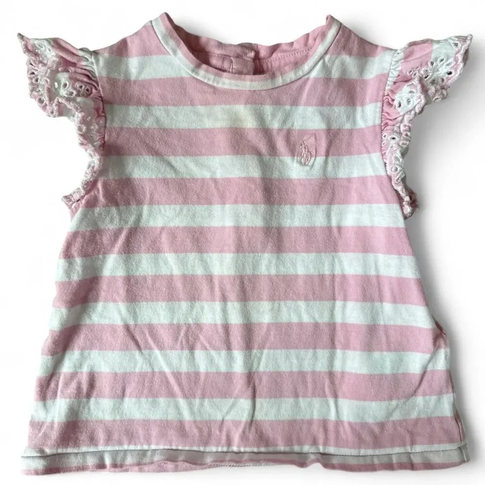 Ralph Lauren Baby Girls Pink & White Striped Flutter Sleeve Top | 18 Months